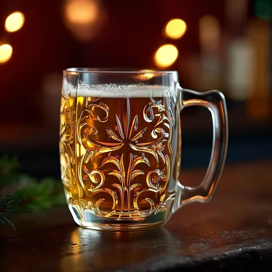 Two mugs of beer on a wooden barrel.